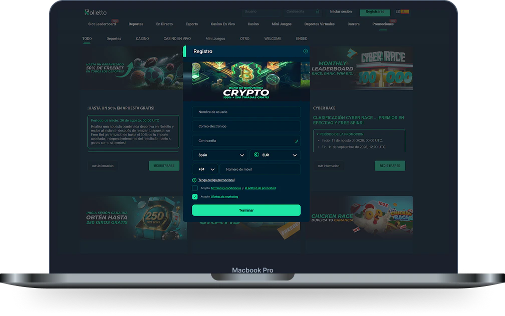 Rolletto Casino formulario de registro y promociones